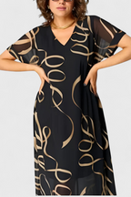 Jillian Vestido Caftán Negro con Estampado Abstracto en Oro y Escote en V