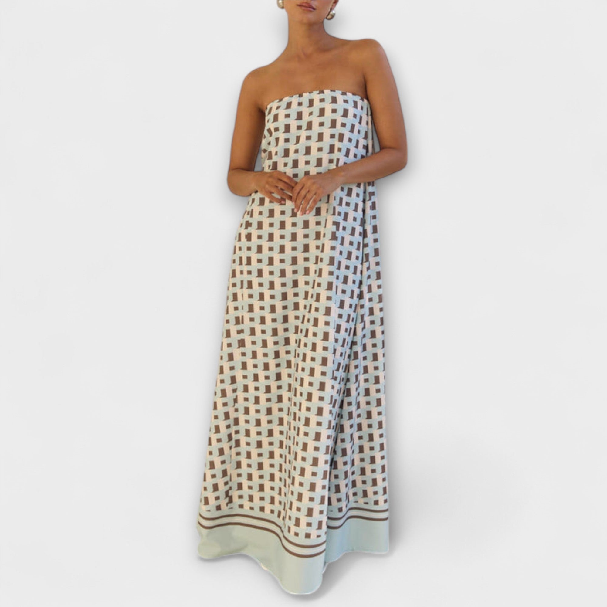 Marrón - Vestido maxi único con estampado geométrico y hombros descubiertos