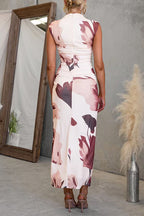 Vestido maxi sin mangas con cuello alto, estampado floral y cremallera en la espalda