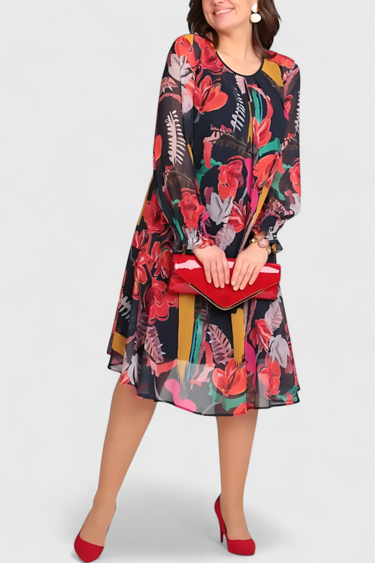 Annegret Vestido Midi Floral con Mangas Largas y Corte Fluido