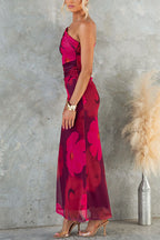 Vestido maxi ceñido de un solo hombro con malla y estampado floral