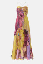 Vestido maxi plisado de tirantes finos con estampado floral y cintura entallada