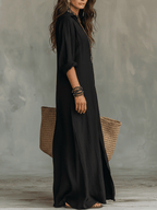 Vestido maxi bohemio negro con botones en la parte delantera