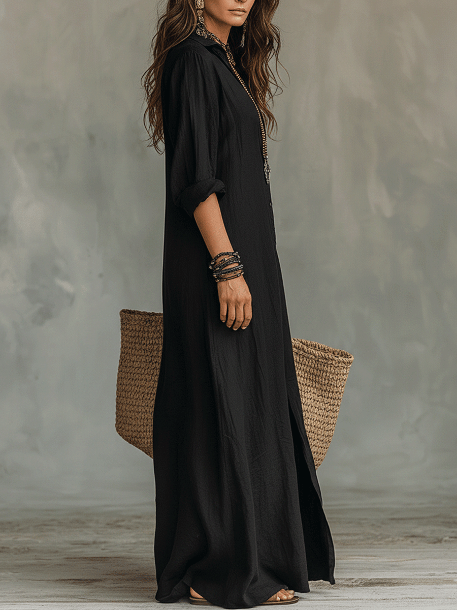 Vestido maxi bohemio negro con botones en la parte delantera