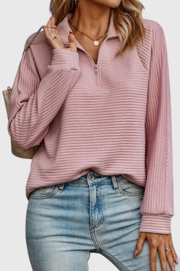 Helene | Jersey de Cuello en V con Cremallera y Manga Larga