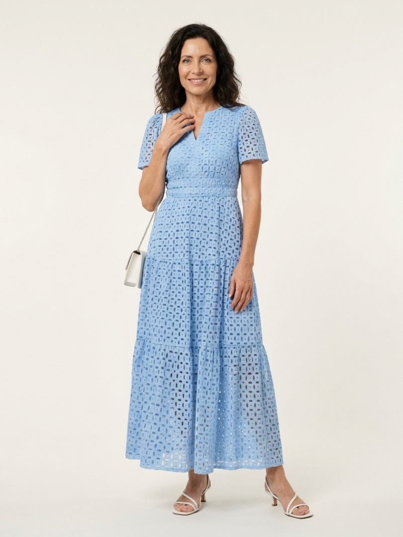 Brianna | Vestido Midi Escalonado con Escote en V y Manga Corta