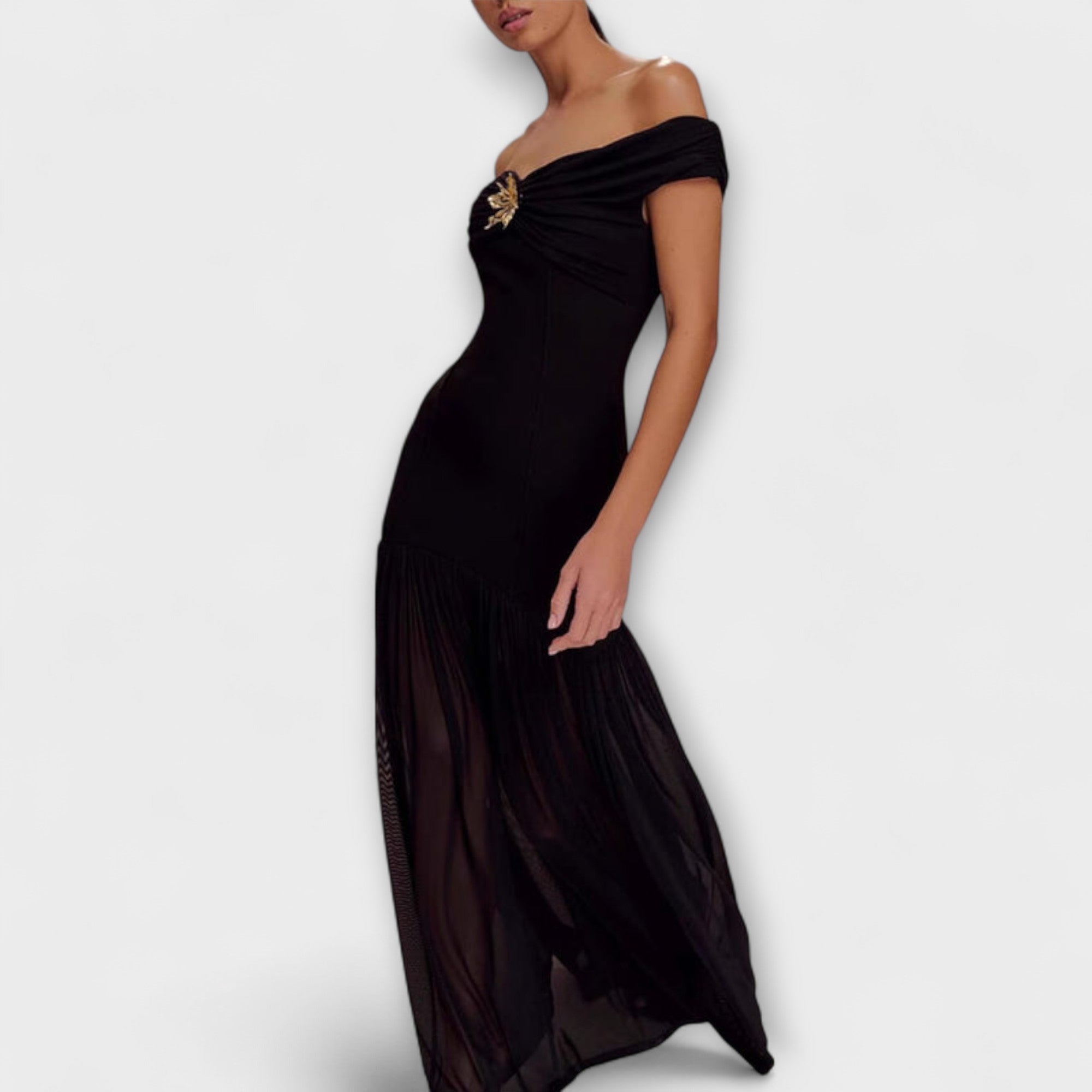 Maelie - Elegante vestido maxi bodycon sin tirantes con adornos florales