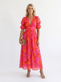 Wilma | Vestido Midi Floral con Escote en V y Manga Abullonada