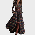 Vestido maxi étnico retro – diseño de cuadros marrones con cuello clásico