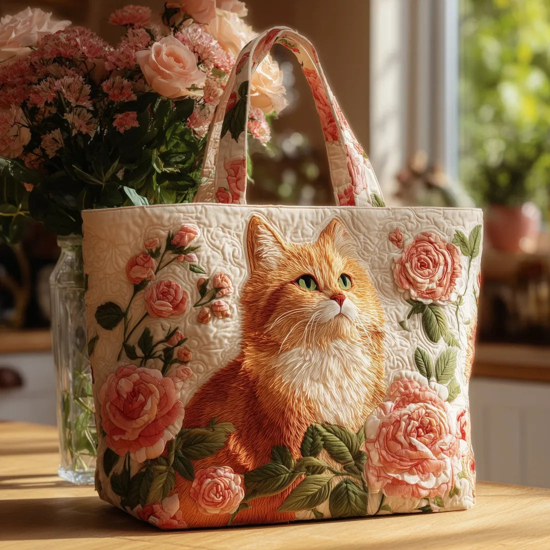 Bolso Artesanal | Gato Naranja con Rosas