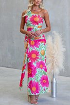 Vestido maxi drapeado de un solo hombro, sin mangas, con estampado floral