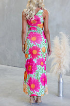 Vestido maxi drapeado de un solo hombro, sin mangas, con estampado floral