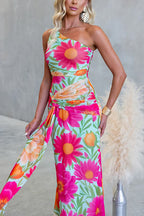Vestido maxi drapeado de un solo hombro, sin mangas, con estampado floral