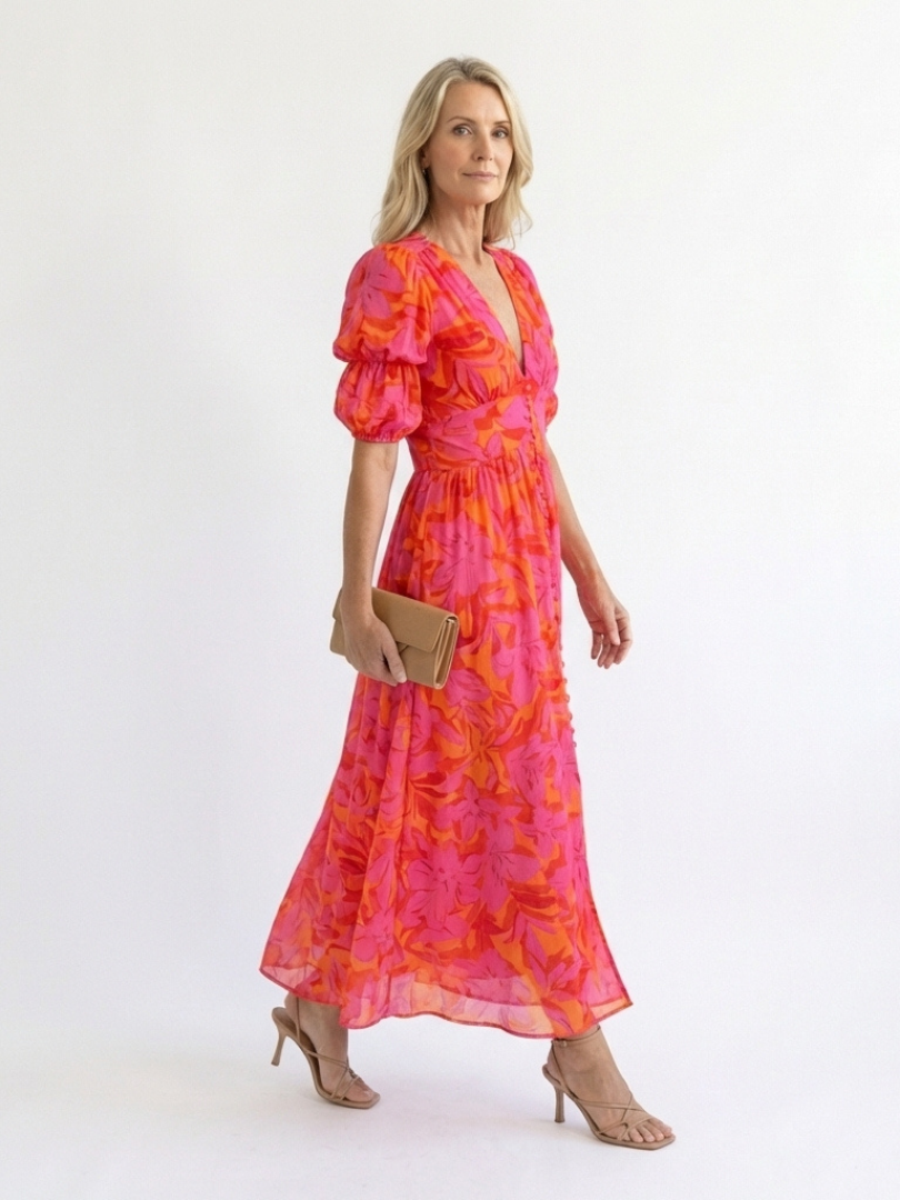 Wilma | Vestido Midi Floral con Escote en V y Manga Abullonada