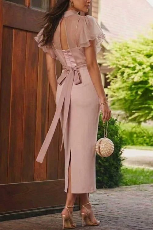 Conjunto de top corto con cuello alto y mangas cortas con volantes, y vestido maxi ajustado tipo bodycon con abertura en la espalda