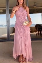 Margovil Vestido Maxi Plisado con Tirantes y Cuello Halter, Ribete de Volantes y Dobladillo Asimétrico