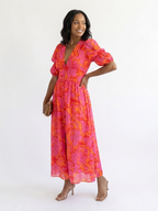 Wilma | Vestido Midi Floral con Escote en V y Manga Abullonada
