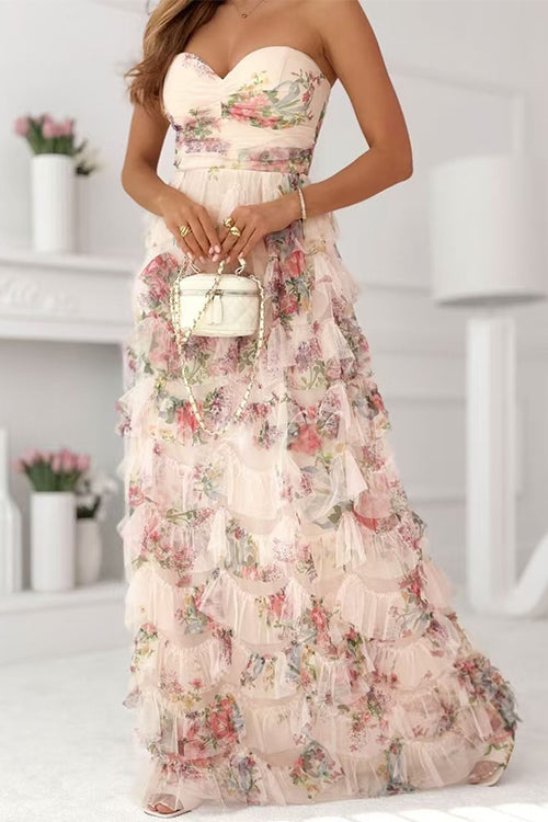 Vestido maxi sin tirantes con estampado floral y volantes en capas
