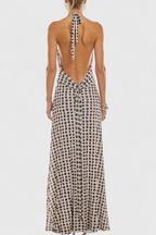 Melodía Vestido Maxi de Lunares con Escote Halter y Cintura Fruncida