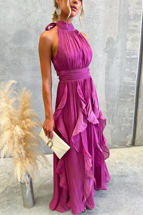 Vestido maxi con escote halter y volantes de caída fluida