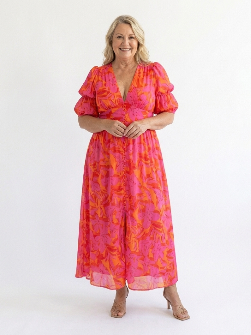 Wilma | Vestido Midi Floral con Escote en V y Manga Abullonada