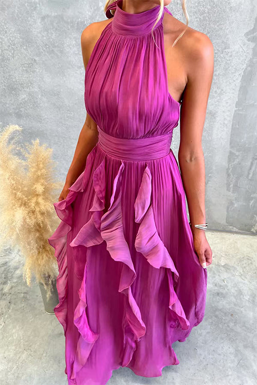 Vestido maxi con escote halter y volantes de caída fluida