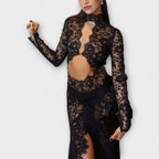 Azalea - Elegancia de Medianoche Vestido maxi de encaje transparente con manga larga y elastano