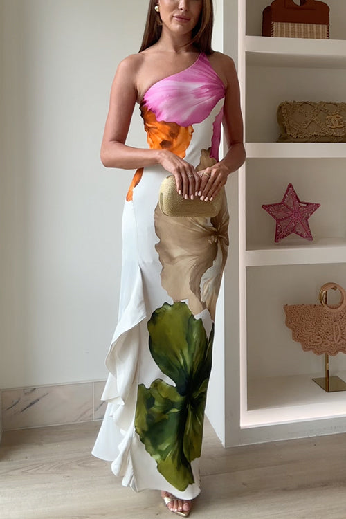 Vestido maxi estampado floral de un solo hombro, con drapeado lateral, volante y abertura