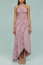 Margovil Vestido Maxi Plisado con Tirantes y Cuello Halter, Ribete de Volantes y Dobladillo Asimétrico