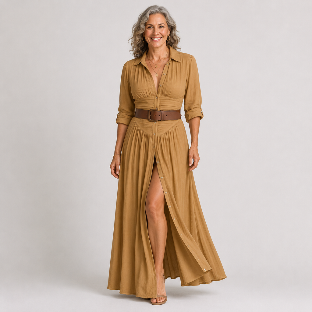 Leila™ | Vestido Maxi Largo con Cuello de Muesca