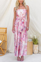 Vestido sin tirantes de estampado floral con lazo en la cintura y abertura en la pierna, de pierna ancha
