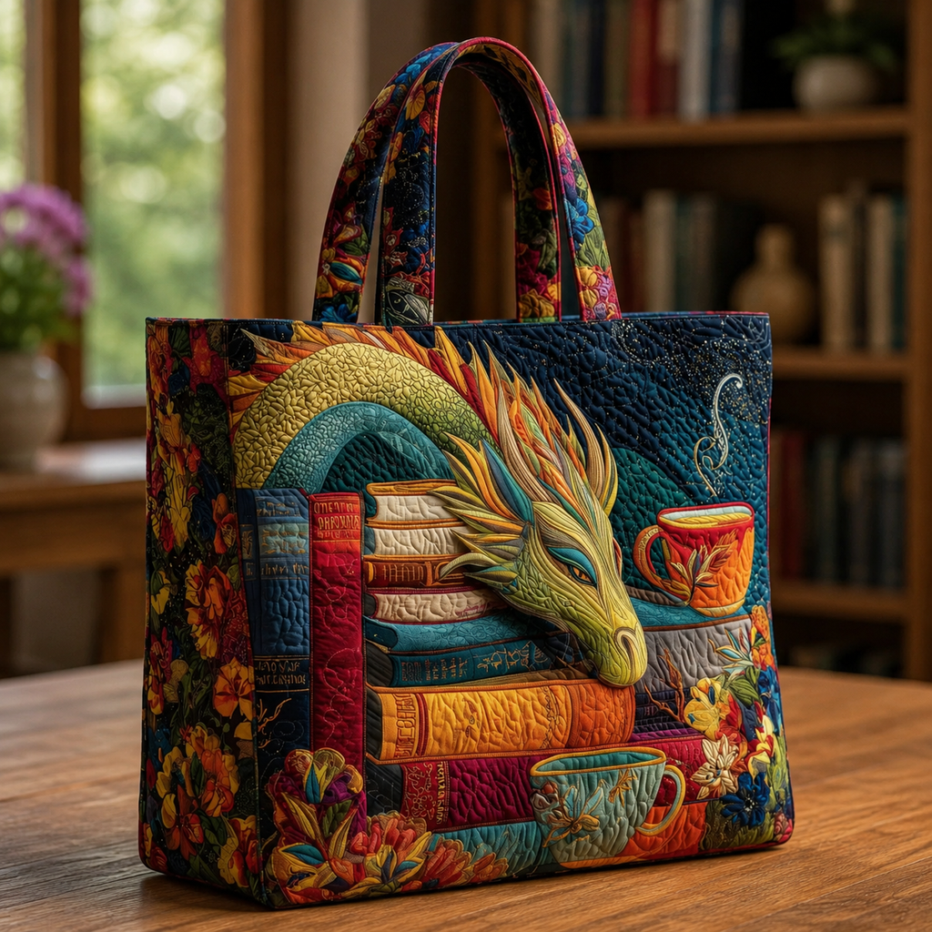 Bolso Artesanal | Dragón Leyendo Libros y Tazas