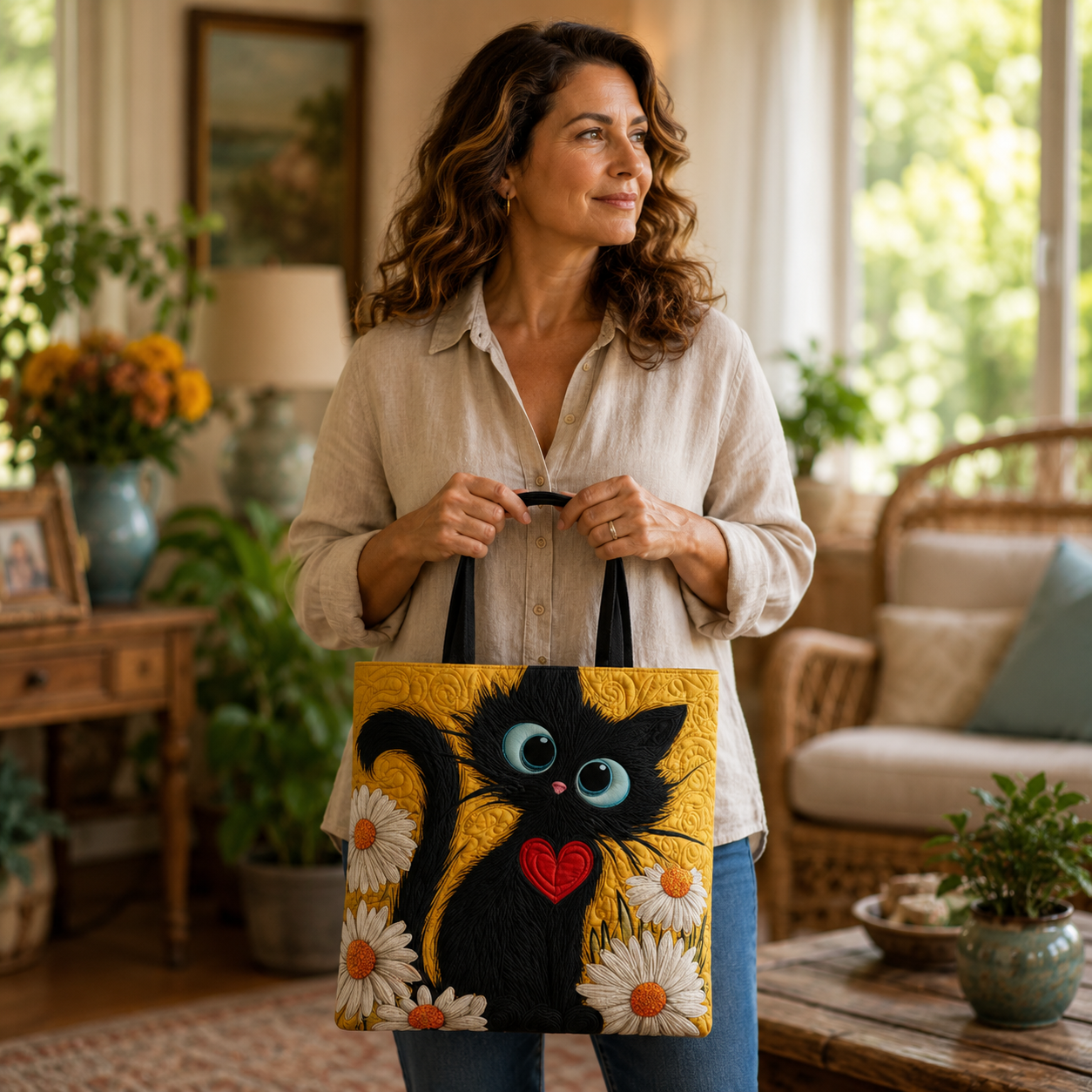 Bolso Artesanal | Gato Negro con Margaritas