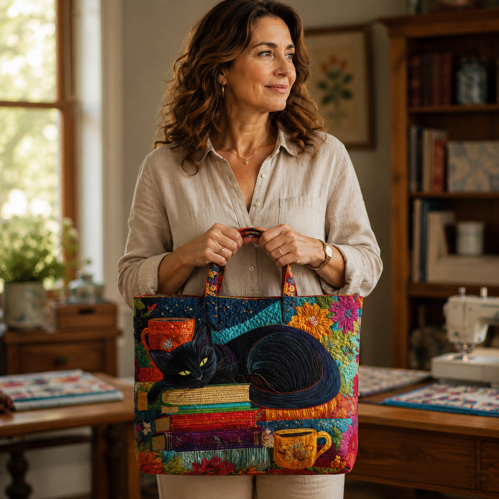 Bolso Artesanal | Gato Negro con Libros y Tazas