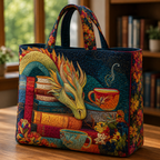 Bolso Artesanal | Dragón Leyendo Libros y Tazas