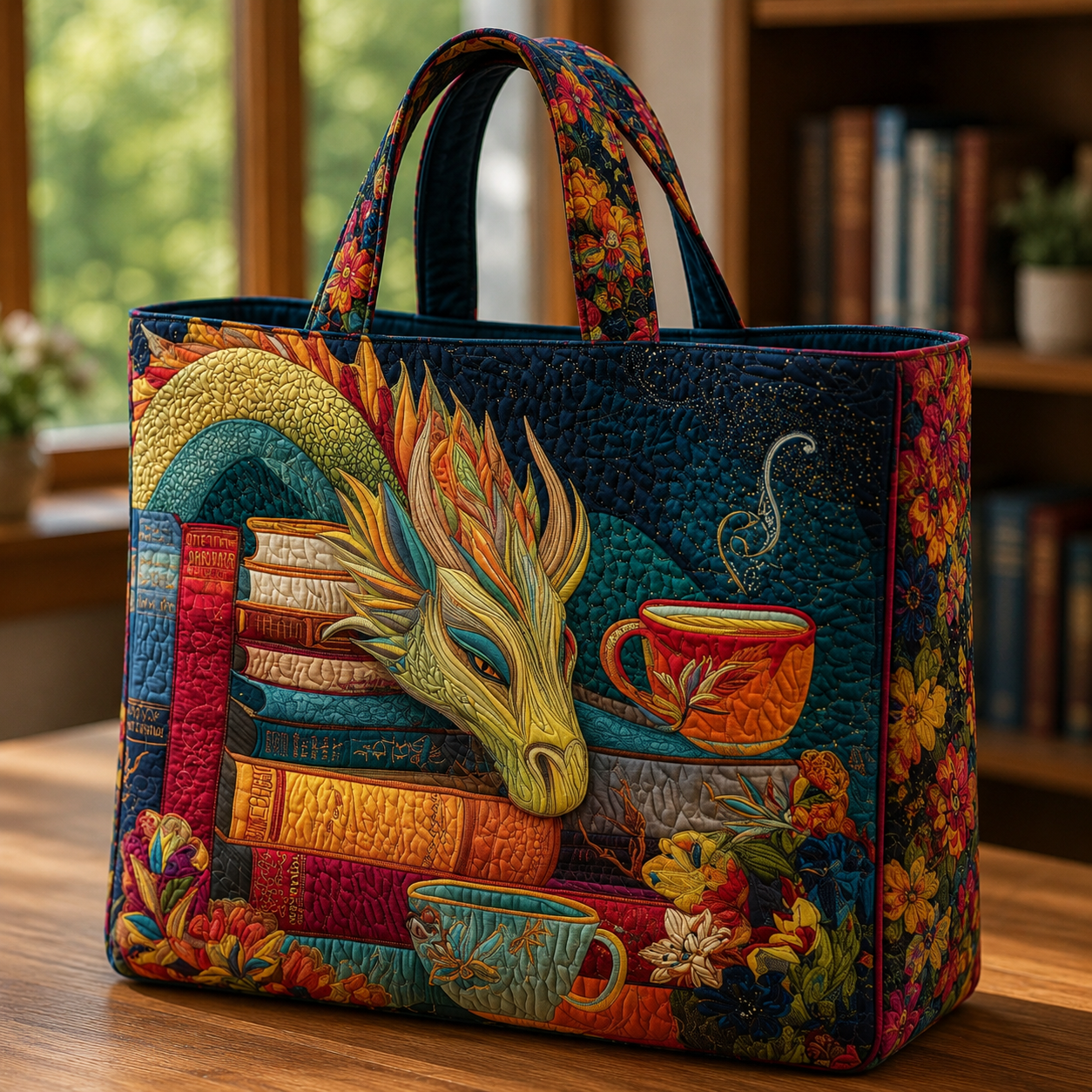 Bolso Artesanal | Dragón Leyendo Libros y Tazas