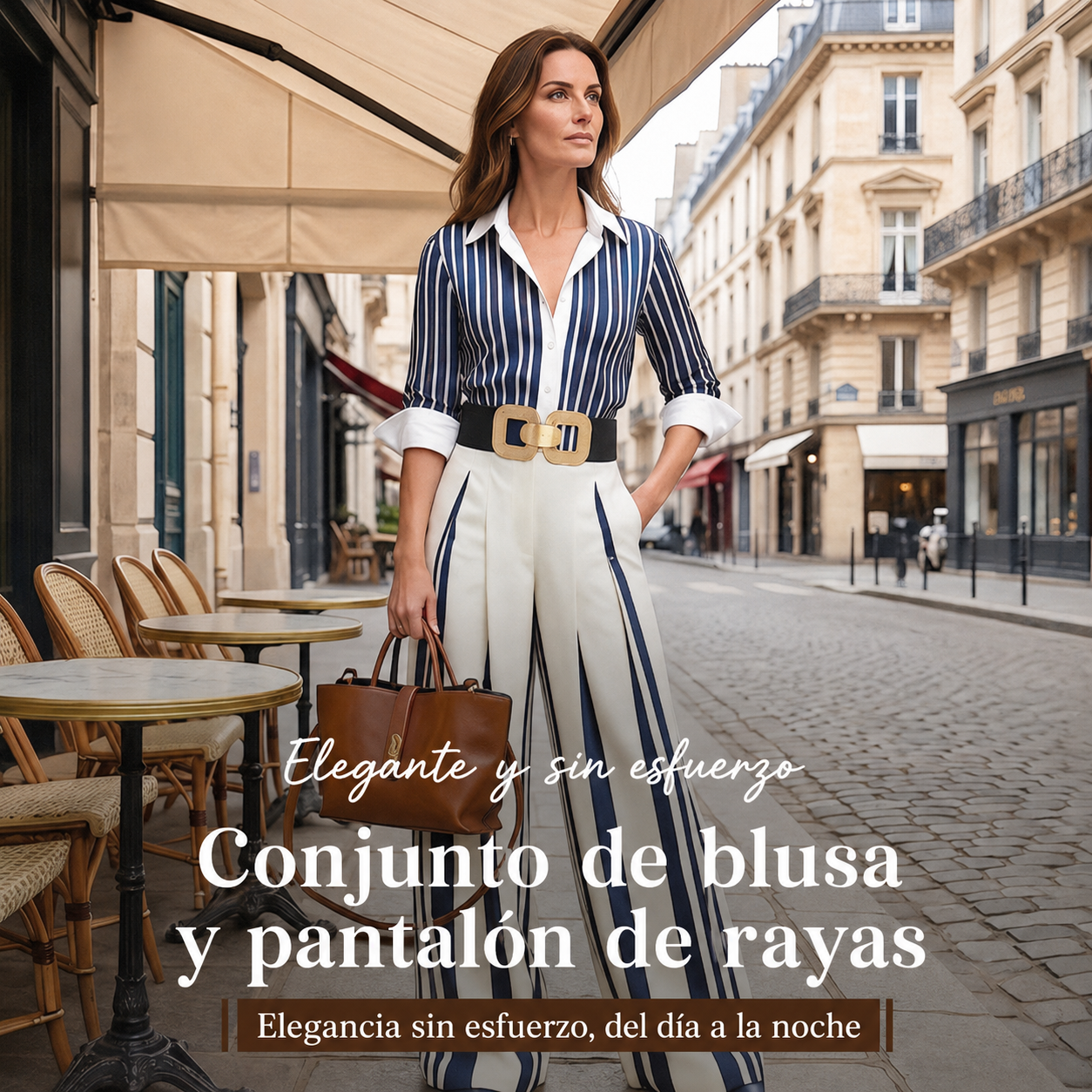 Mónica™ | Conjunto de dos piezas para mujer: camisa a rayas y pantalones de pierna ancha