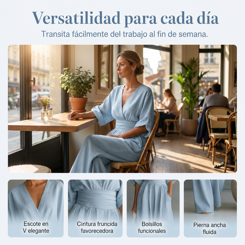 Valentina | Mono de Pierna Ancha con Escote en V y Talle Alto