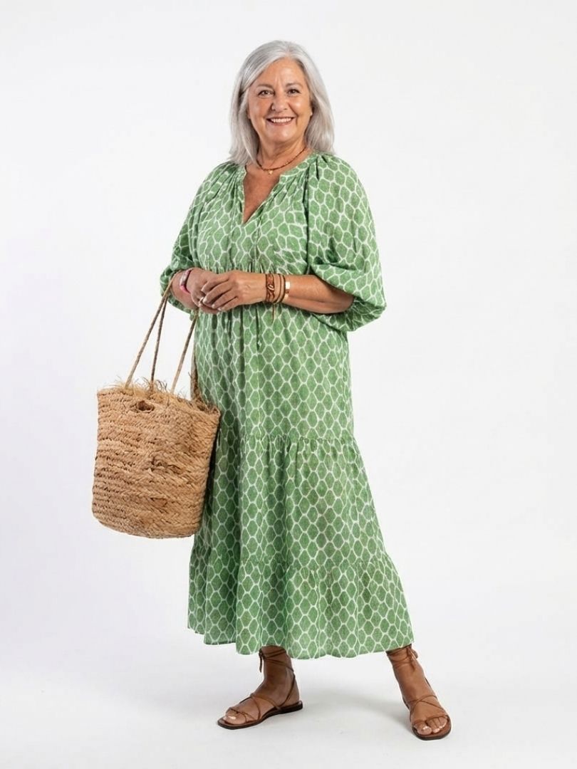 Apolonia | Vestido Midi Estampado con Escote en V y Manga 3/4