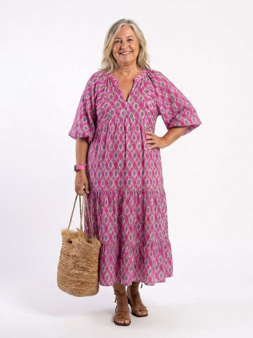 Apolonia | Vestido Midi Estampado con Escote en V y Manga 3/4