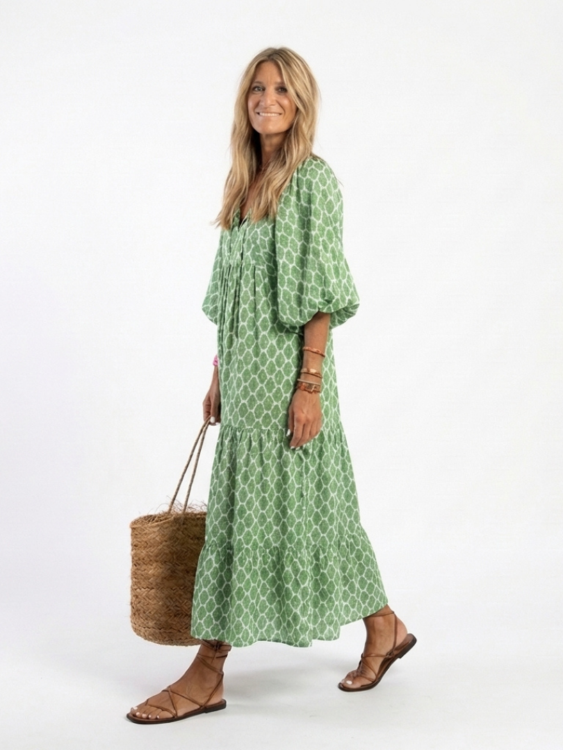 Apolonia | Vestido Midi Estampado con Escote en V y Manga 3/4