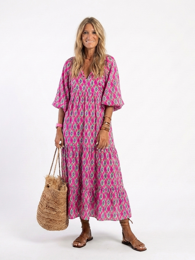Apolonia | Vestido Midi Estampado con Escote en V y Manga 3/4
