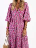 Apolline™ | Vestido midi estampado de manga tres cuartos con escote en V