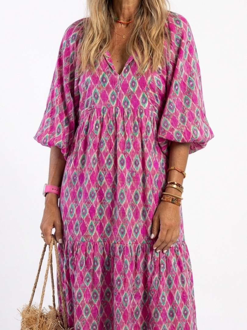 Apolonia | Vestido Midi Estampado con Escote en V y Manga 3/4