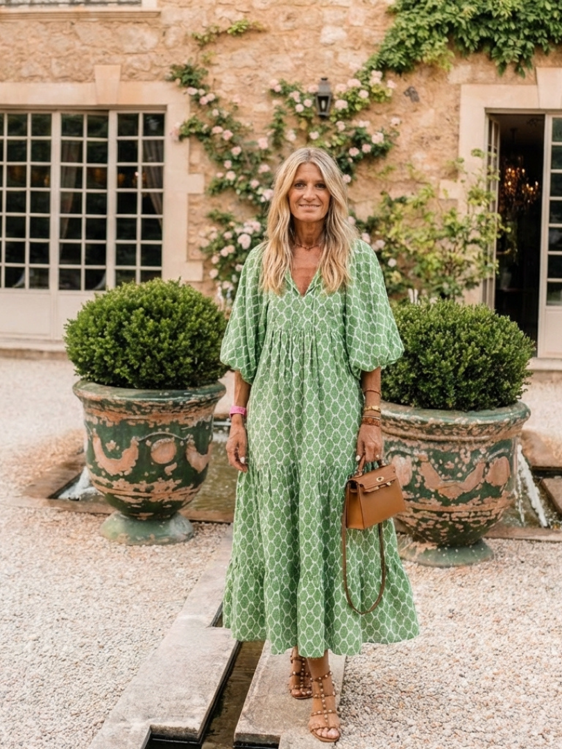 Apolonia | Vestido Midi Estampado con Escote en V y Manga 3/4