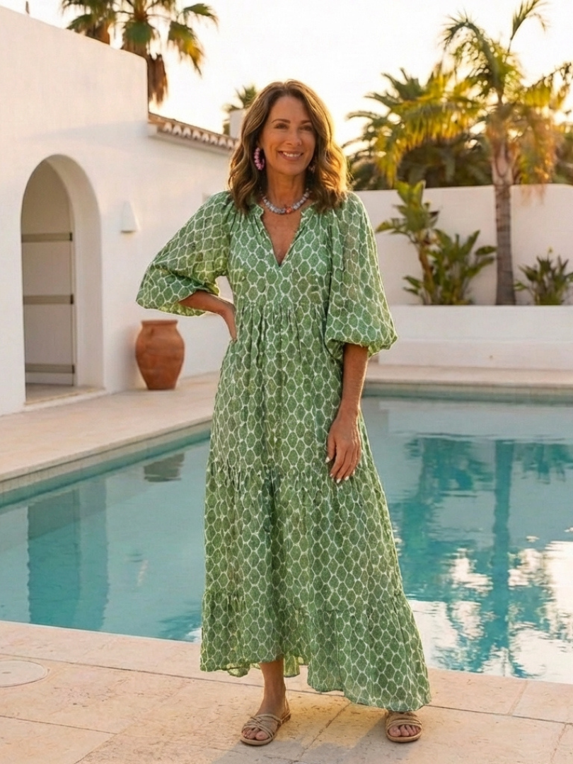 Apolonia | Vestido Midi Estampado con Escote en V y Manga 3/4
