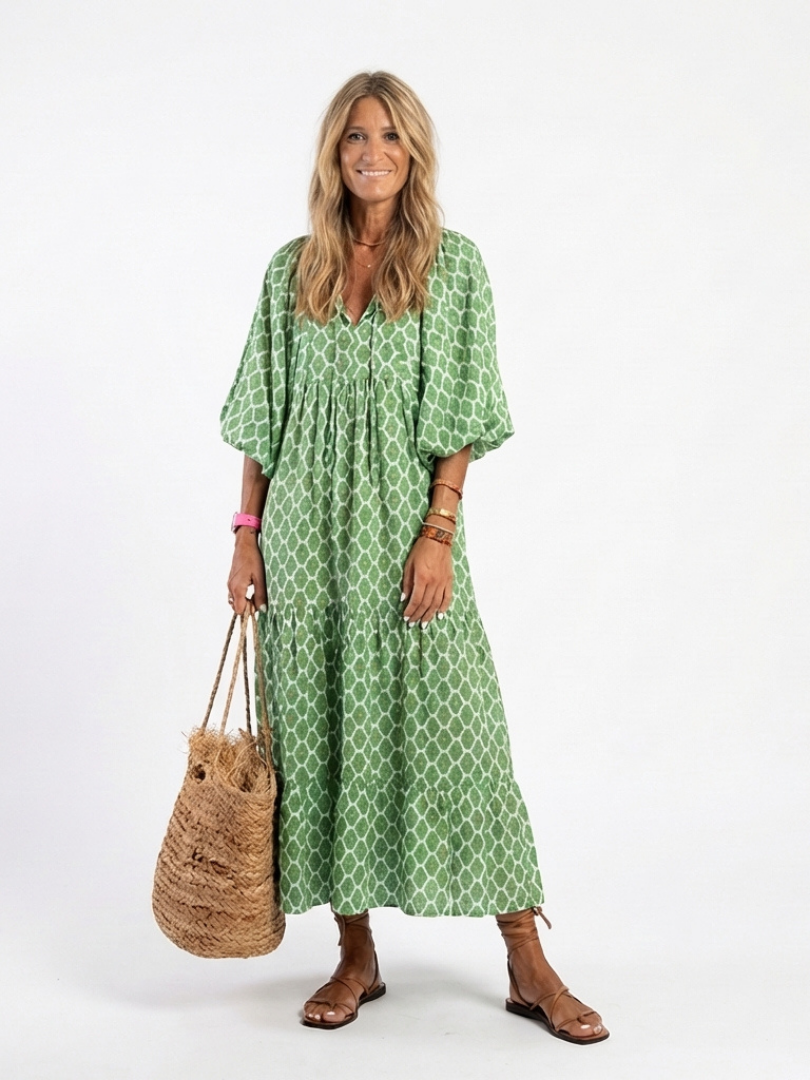 Apolonia | Vestido Midi Estampado con Escote en V y Manga 3/4