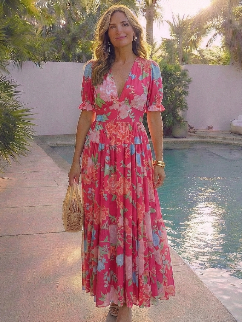 Ione | Vestido Midi Floral con Escote en V y Manga Corta