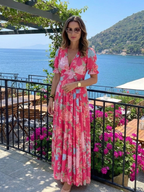 Ione | Vestido Midi Floral con Escote en V y Manga Corta