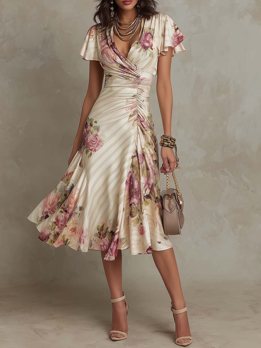 Alba | Elegante vestido midi drapeado con estampado floral